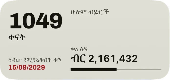 መካከለኛው ምግብር: ከዕዳ ነጻ እስከሚሆኑበት ቀን ያሉት ቀናት፣ ቀኑ በቀይ፣ የሁሉም ብድሮች ቀሪ ዕዳ እና የተከፈለውን ድርሻ የሚያሳይ አሞሌ።