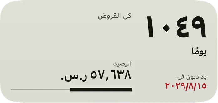 الأداة المتوسطة: الأيام حتى تاريخ التحرر من الديون، والتاريخ بالأحمر، ورصيد كل القروض، وشريط للجزء المسدَّد.