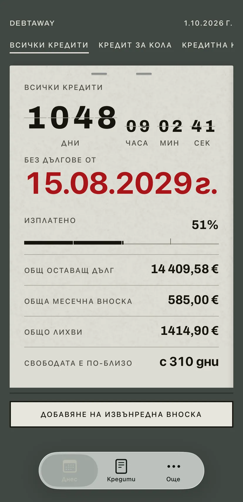 Началният екран на приложението: таблото с прелистващи се цифри отброява в червено дните до датата, от която сте без дългове, а под него са оставащият дълг, месечната вноска и лихвите по всички кредити.