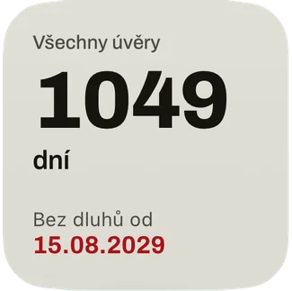 Malý widget: dny do data, kdy budete bez dluhů, a datum červeně.