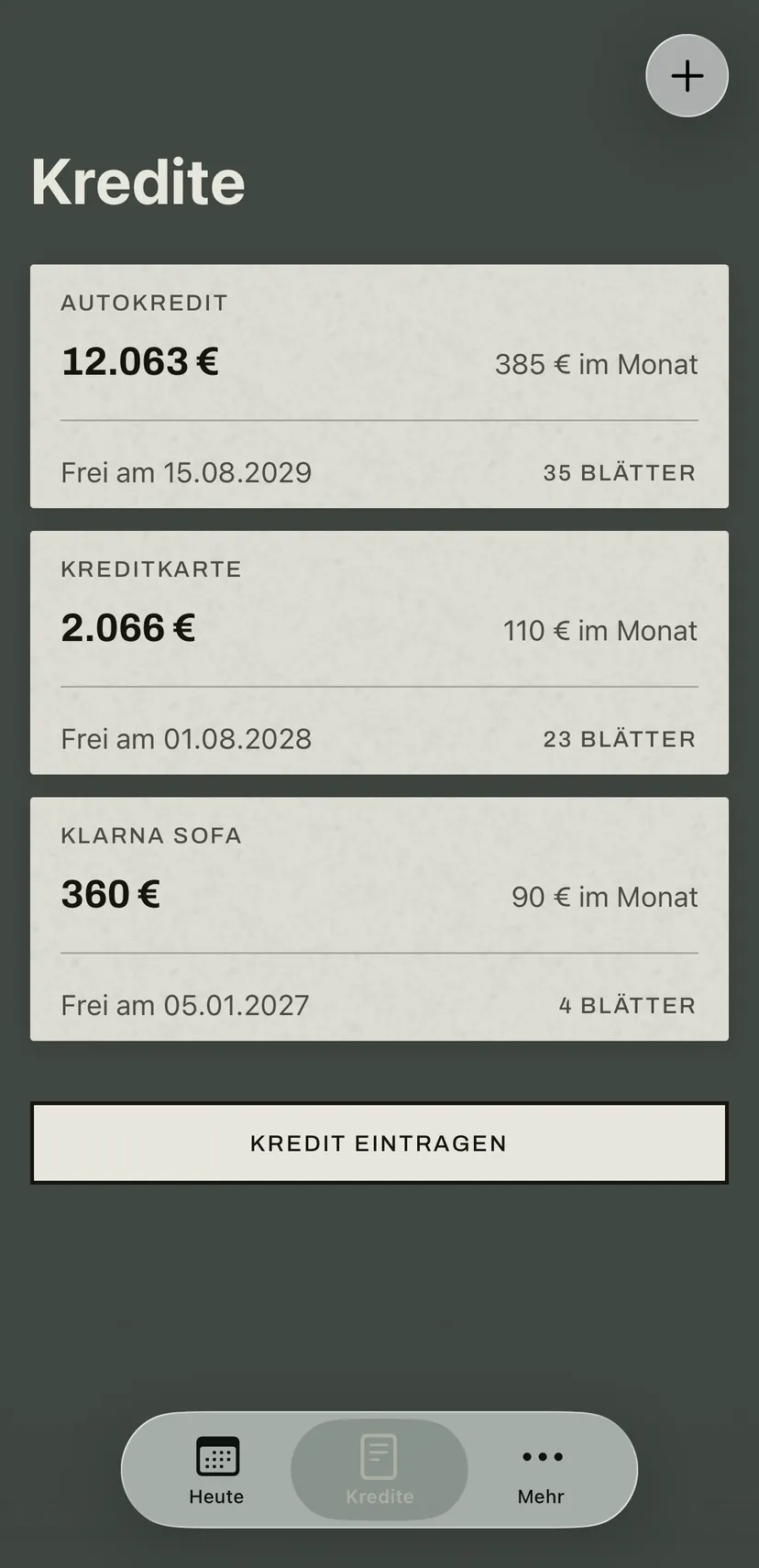 Die Liste der Kredite: Autokredit, Kreditkarte und ein Klarna-Ratenkauf, jeder mit Restschuld, Monatsrate, Datum und den Blättern, die noch im Block sind.