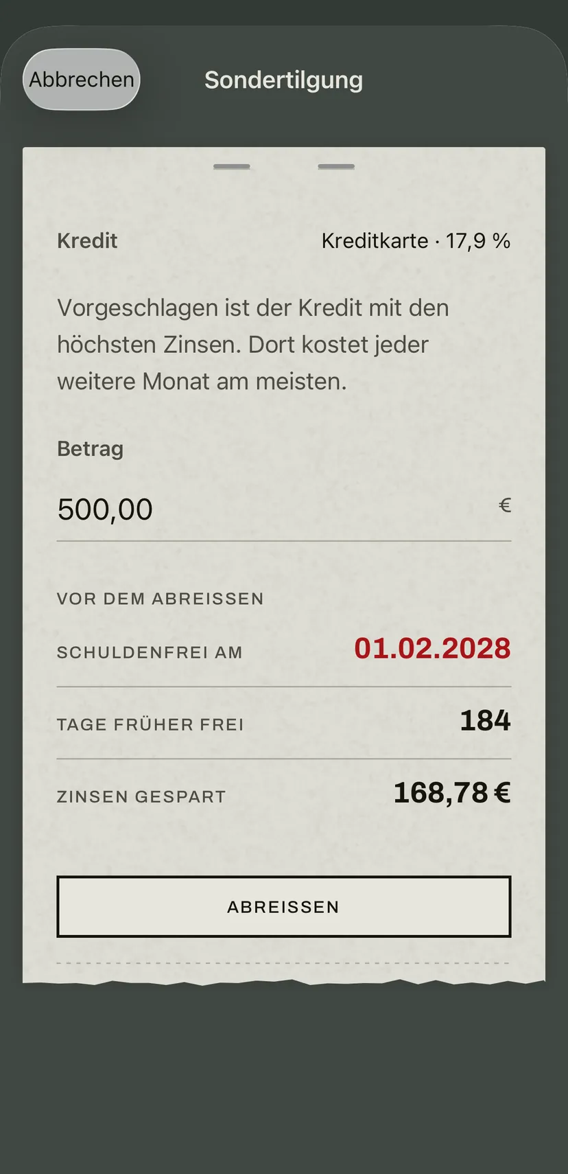 Die Sondertilgung in der App: vorgeschlagen ist die Kreditkarte mit dem höchsten Zinssatz, darunter das neue Schuldenfrei-Datum, die gewonnenen Tage und die gesparten Zinsen.