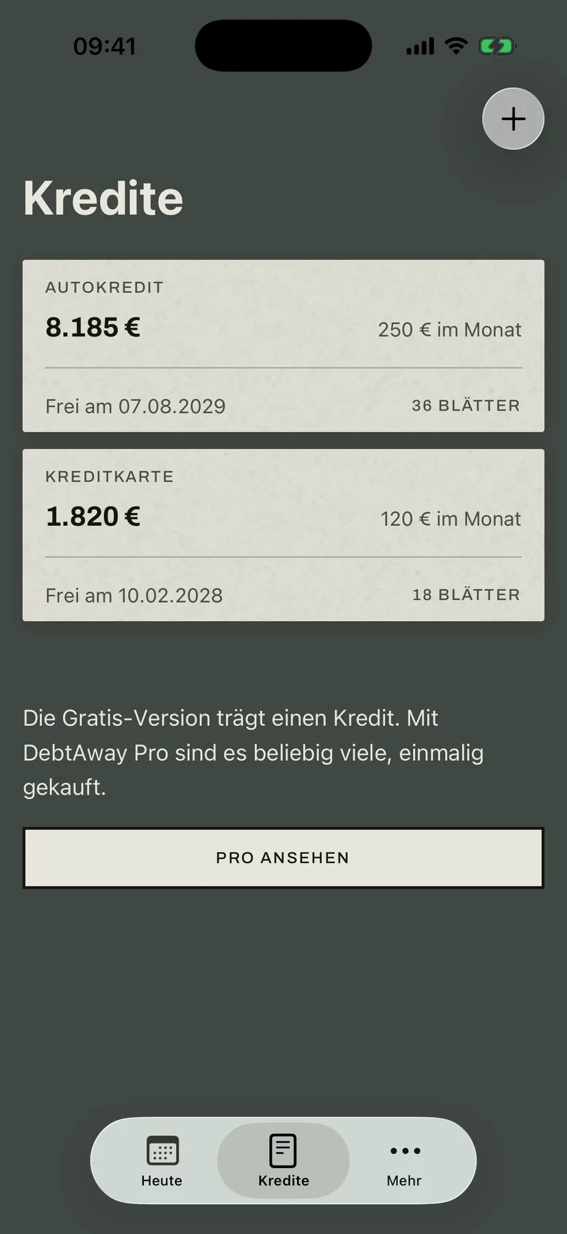 Alle Kredite als Blätter, mit Restschuld und Datum.