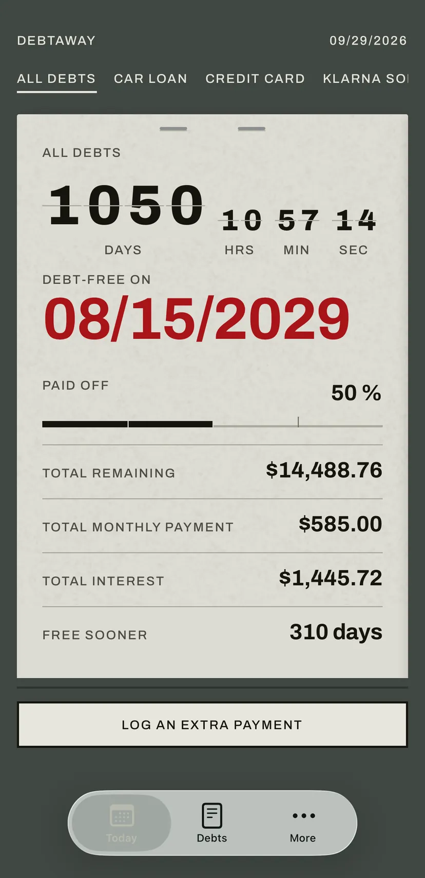 The app’s home screen: the split-flap board counts the days to the debt-free date in red, with the balance, the monthly payment and the interest of all debts below.