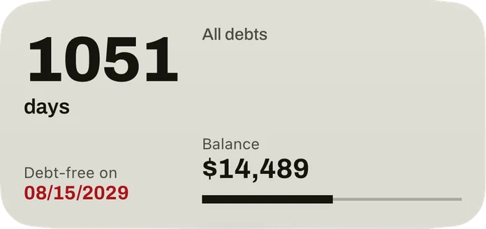 The medium widget: the days to the debt-free date, the date in red, the balance of all debts and a bar for the share paid off.