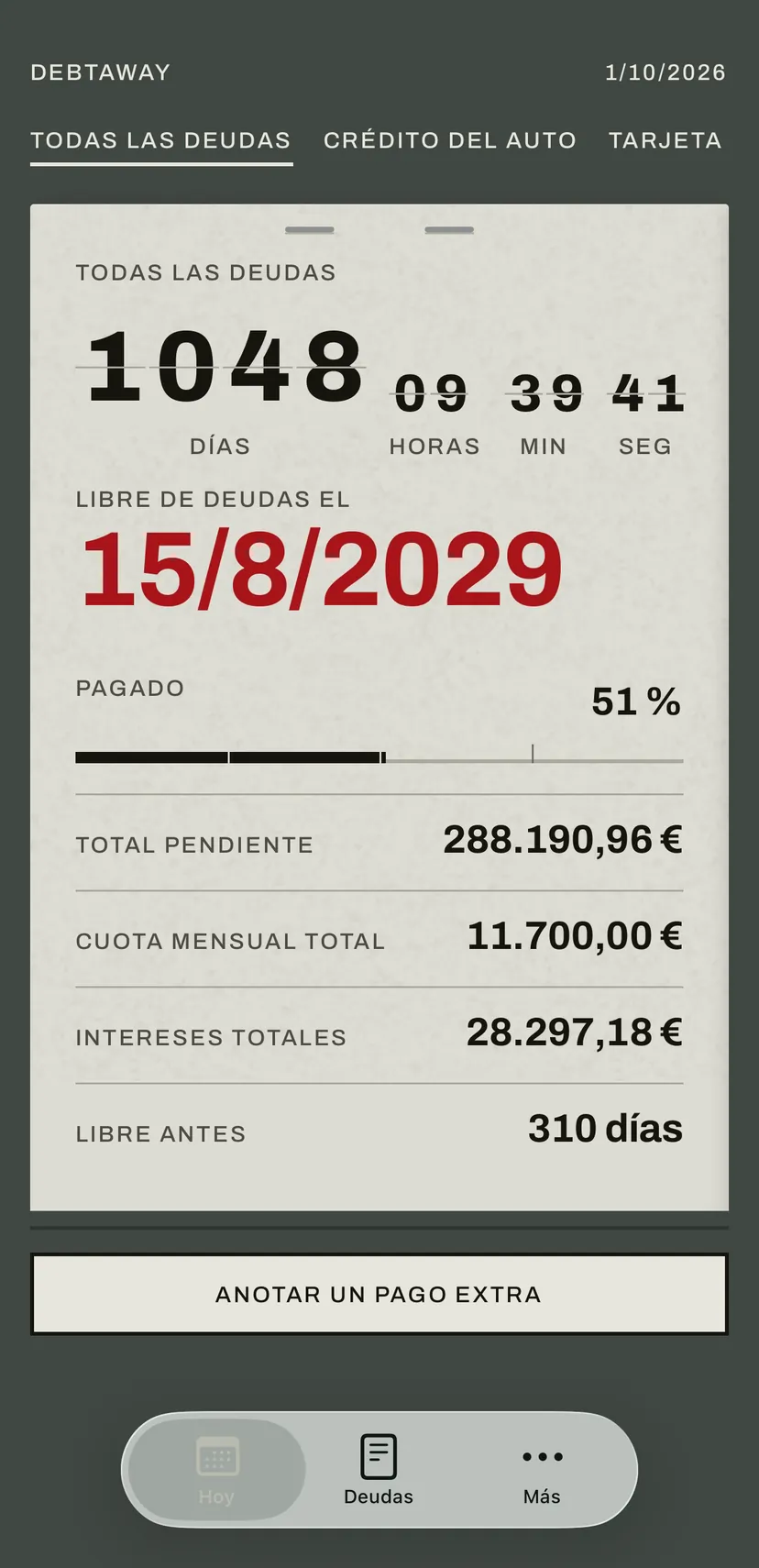 La primera pantalla de la app: el panel de paletas cuenta en rojo los días hasta la fecha en que quedas libre de deudas y, debajo, el importe pendiente, la cuota mensual y los intereses de todas las deudas.