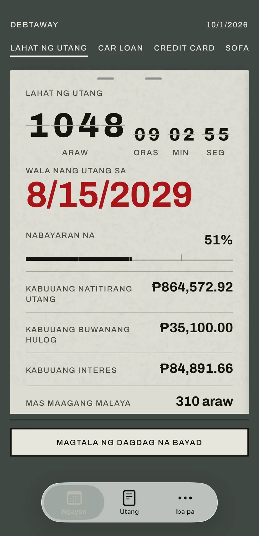 Ang screen na Ngayon ng app: binibilang ng flip board sa pula ang mga araw hanggang sa petsang wala ka nang utang, at sa ilalim nito ang balanse, ang buwanang hulog, at ang interes ng lahat ng utang.