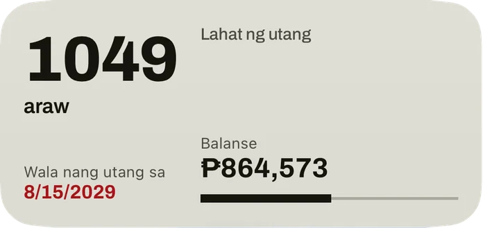 Ang katamtamang widget: ang mga araw hanggang sa petsang wala ka nang utang, ang petsa sa pula, ang balanse ng lahat ng utang, at isang bar para sa bahaging nabayaran na.