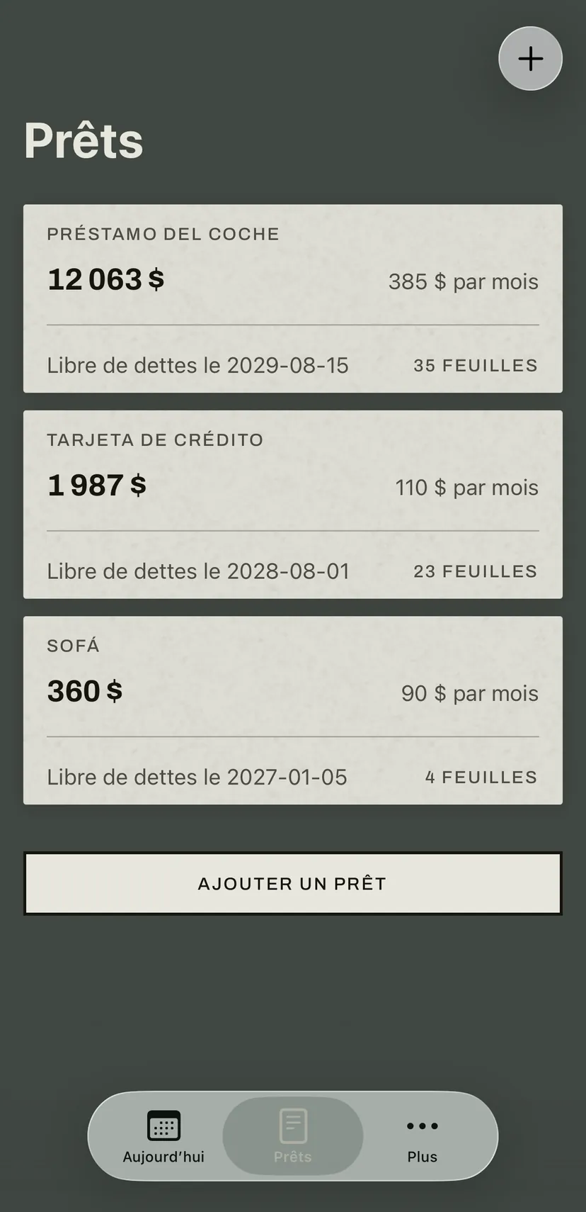 La liste des prêts : un prêt auto, une carte de crédit et un paiement échelonné, chacun avec son solde, son versement mensuel, sa date et les feuilles qui restent sur le bloc.