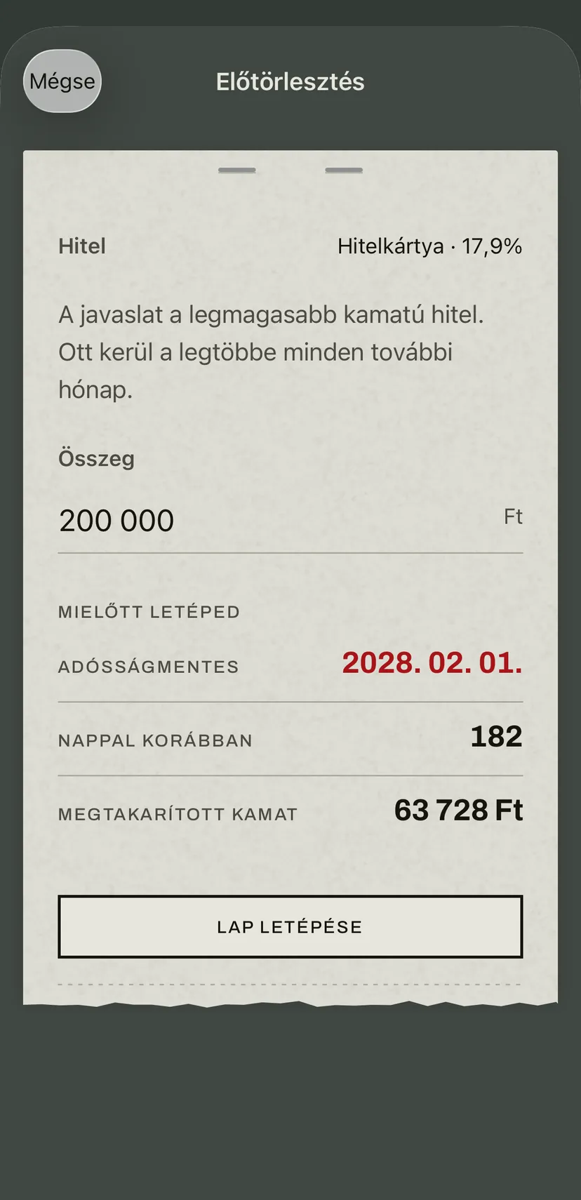 Az előtörlesztés az alkalmazásban: a legmagasabb kamatú hitelkártya a javaslat, alatta az új adósságmentes dátum, a nyert napok és a megtakarított kamat.