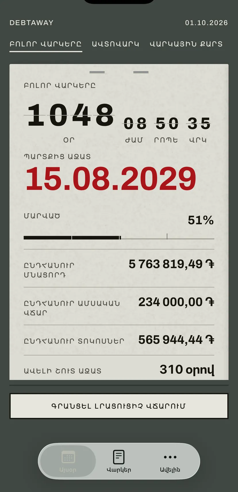 Հավելվածի հիմնական էկրանը՝ թերթվող ցուցատախտակը կարմիրով հաշվում է պարտքից ազատվելու ամսաթվին մնացած օրերը, իսկ ներքևում բոլոր վարկերի մնացորդը, ամսական վճարը և տոկոսներն են։