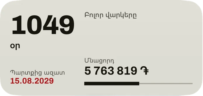 Միջին վիջեթը՝ պարտքից ազատվելու ամսաթվին մնացած օրերը, ամսաթիվը կարմիրով, բոլոր վարկերի մնացորդը և մարված մասի գոտին։