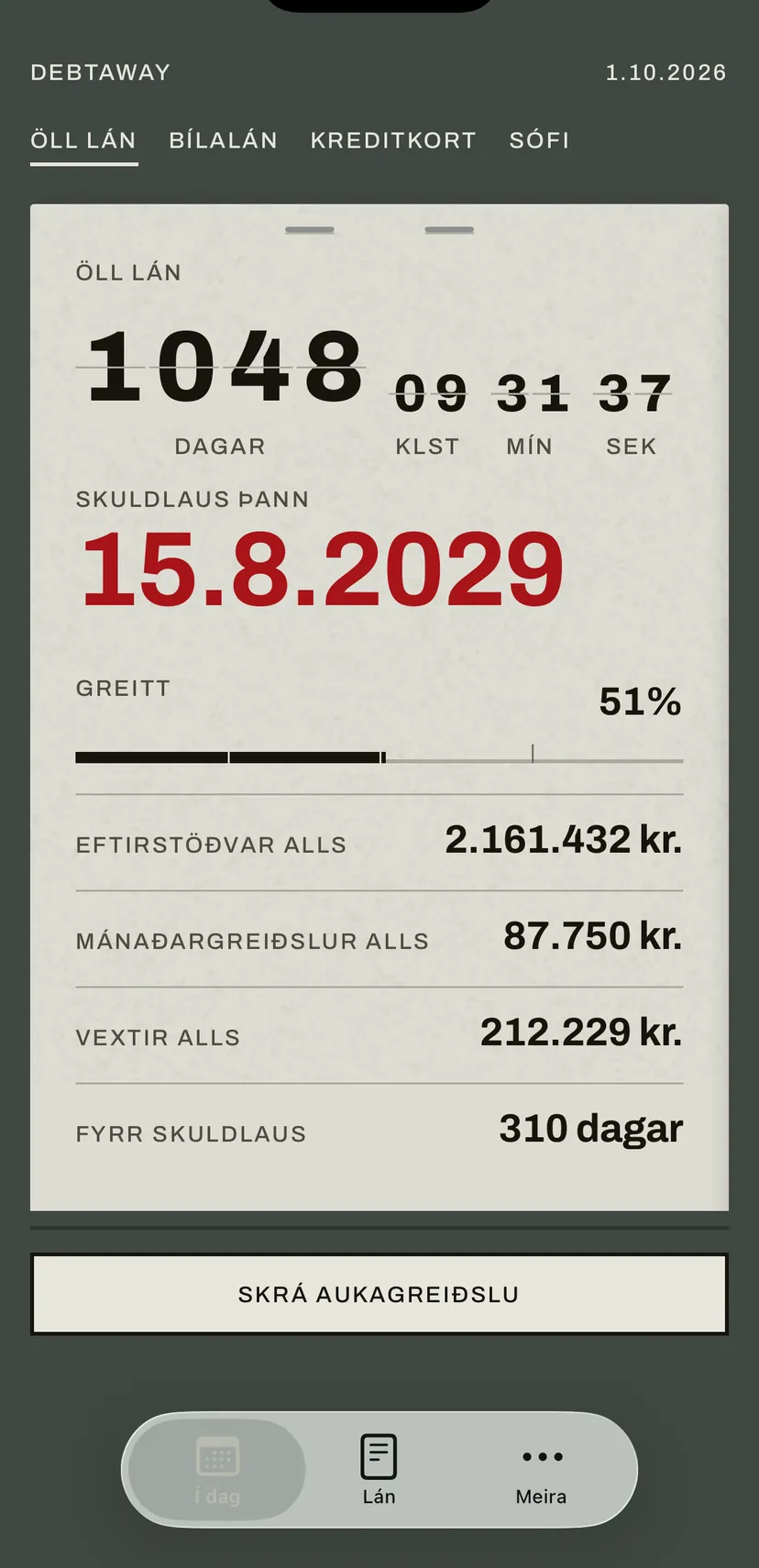 Upphafsskjár appsins: flettitaflan telur í rauðu dagana þar til þú verður skuldlaus, og fyrir neðan eru eftirstöðvar, mánaðargreiðsla og vextir allra lána.
