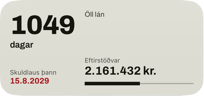 Miðlungsgræjan: dagarnir þar til þú verður skuldlaus, dagsetningin í rauðu, eftirstöðvar allra lána og súla fyrir greidda hlutann.