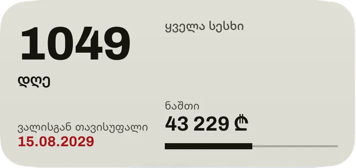 საშუალო ვიჯეტი: დღეები ვალისგან გათავისუფლების თარიღამდე, თარიღი წითლად, ყველა სესხის ნაშთი და ზოლი დაფარული წილისთვის.