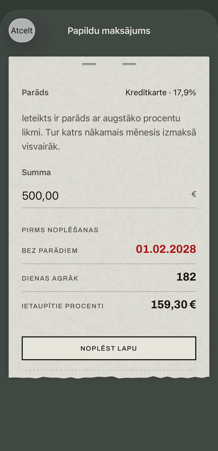 Papildu maksājums lietotnē: ieteikta ir kredītkarte ar augstāko likmi, un zem tās jaunais datums, kad būsiet bez parādiem, iegūtās dienas un ietaupītie procenti.