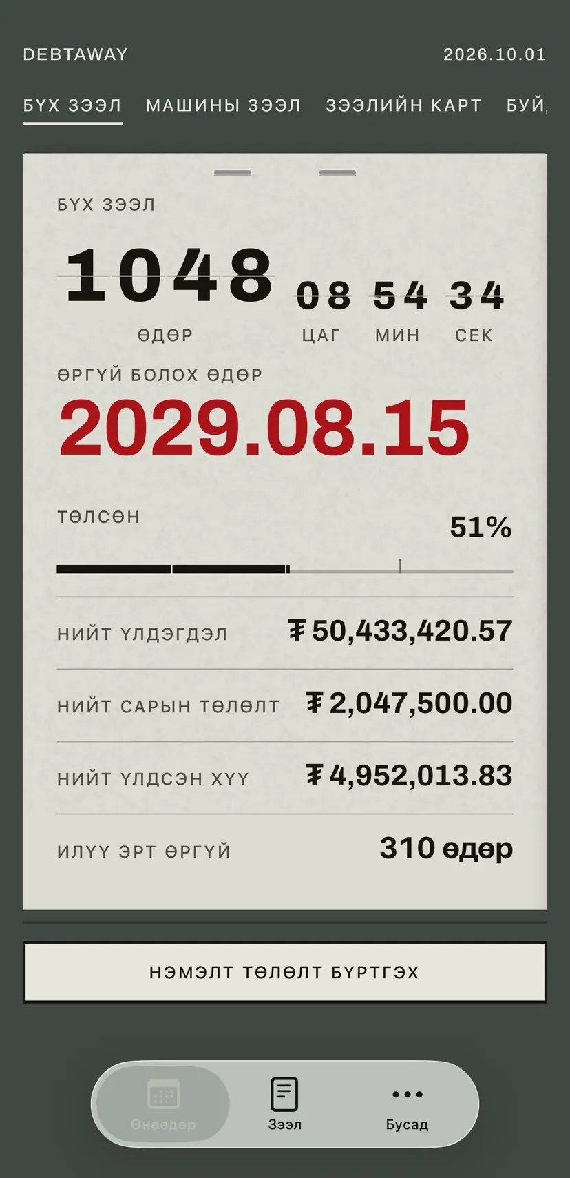 Аппын нүүр дэлгэц: эргэдэг самбар өргүй болох өдөр хүртэлх өдрүүдийг улаанаар тоолж, доор нь бүх зээлийн үлдэгдэл, сарын төлөлт, хүү харагдана.