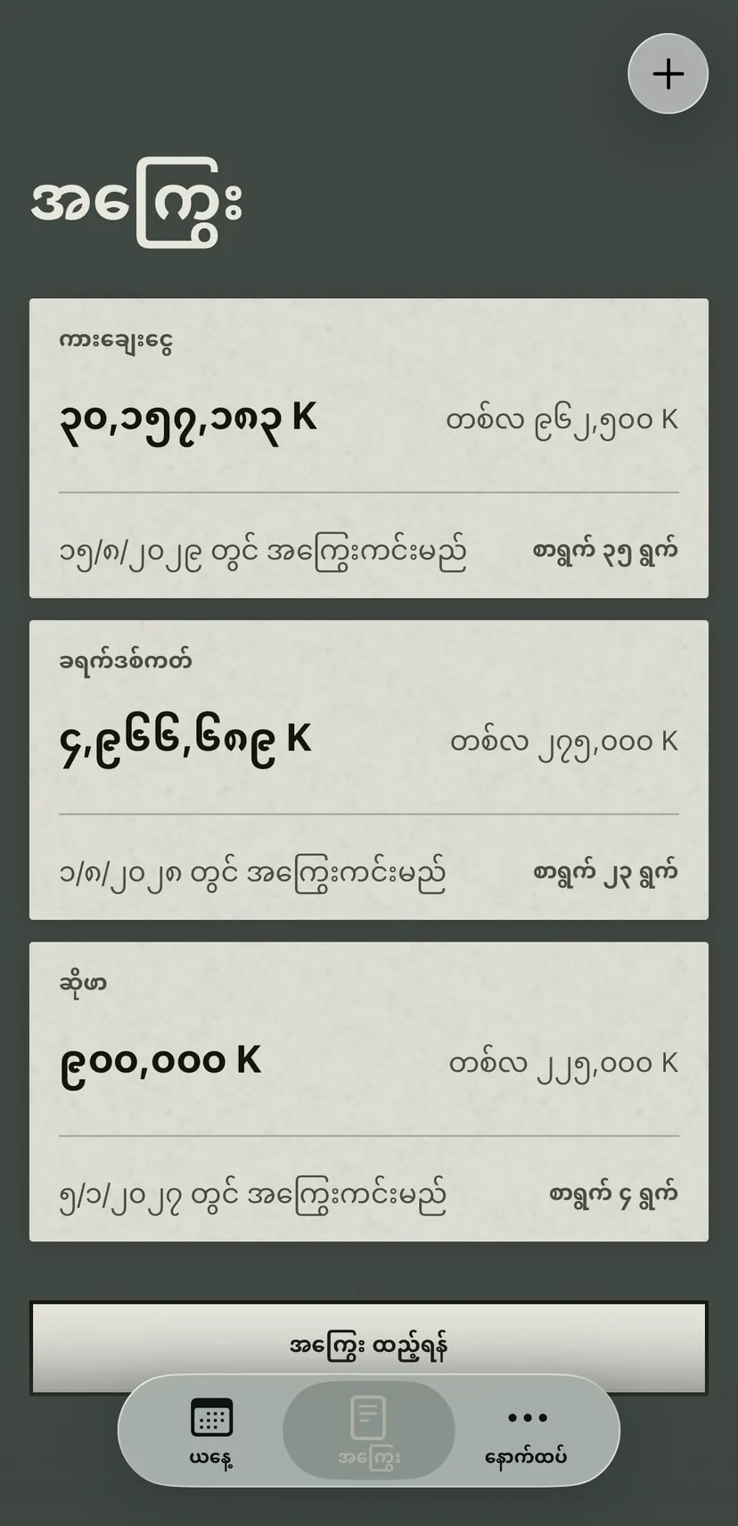 အကြွေးစာရင်း: ကားချေးငွေ၊ ခရက်ဒစ်ကတ်နှင့် အရစ်ကျ ဝယ်ယူမှု၊ တစ်ခုစီတွင် ကျန်ကြွေး၊ လစဉ်ဆပ်ငွေ၊ ရက်စွဲနှင့် ပြက္ခဒိန်ပေါ် ကျန်သော စာရွက်များ။