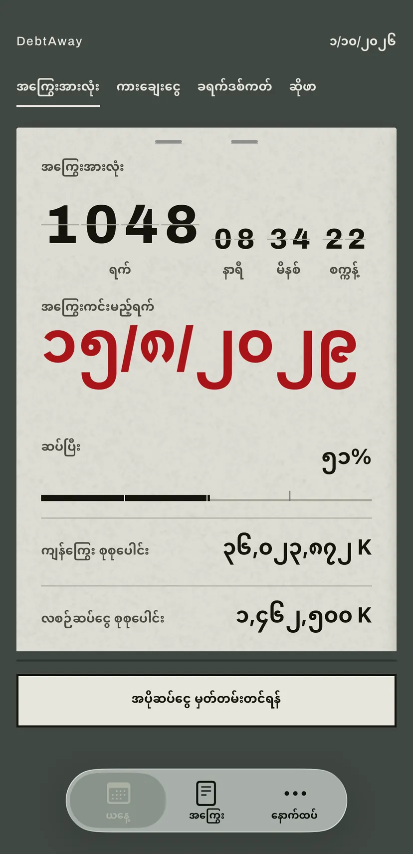အက်ပ်၏ ပင်မစခရင်: လှန်ပြားဘုတ်က အကြွေးကင်းမည့်ရက်အထိ ကျန်ရက်များကို အနီရောင်ဖြင့် ရေတွက်ပြီး အောက်တွင် အကြွေးအားလုံး၏ ကျန်ကြွေး၊ လစဉ်ဆပ်ငွေနှင့် အတိုး။