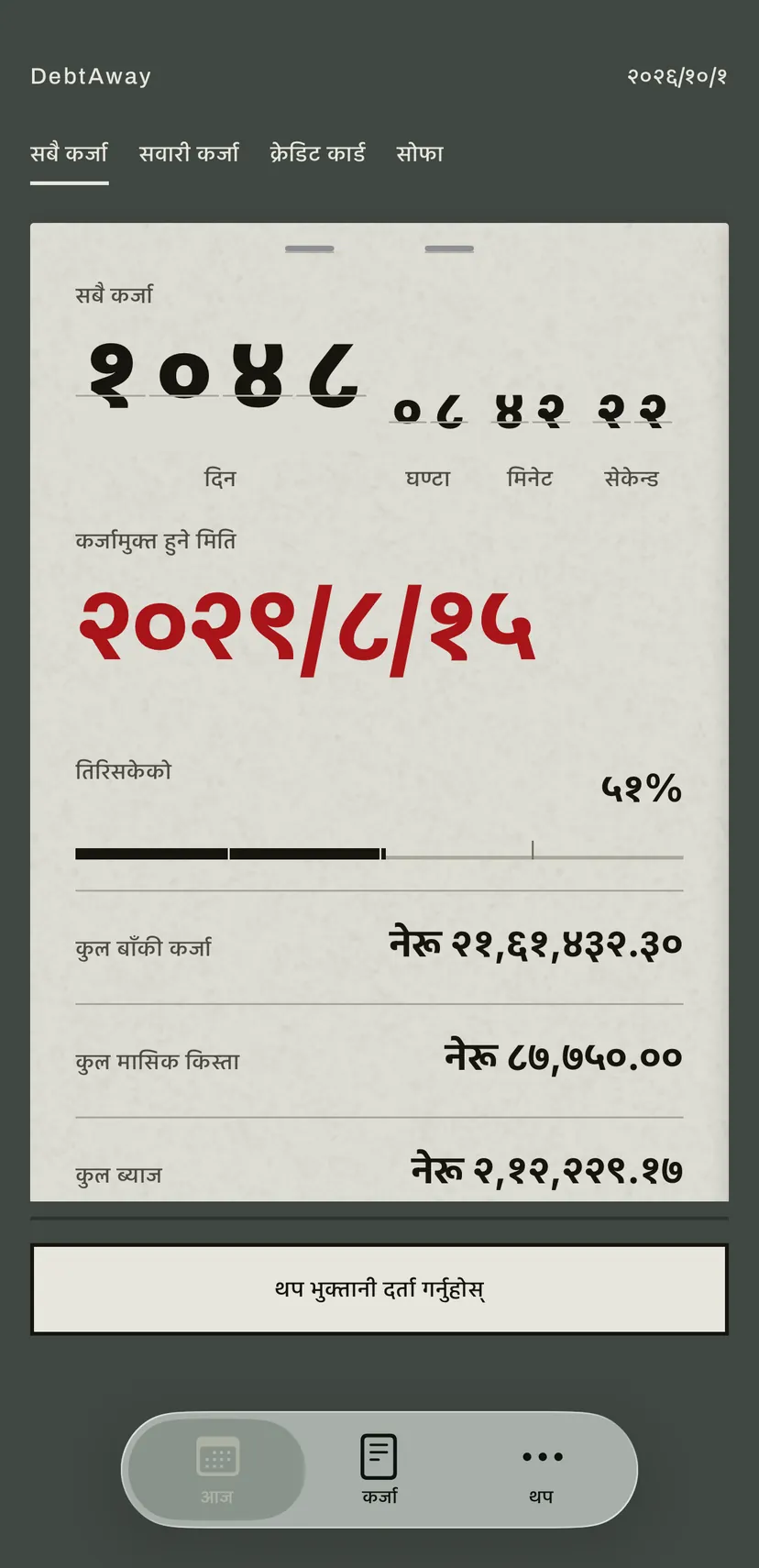 एपको होम स्क्रिन: पल्टिने अंकको बोर्डले कर्जामुक्त हुने मितिसम्मका दिन रातो रङमा गन्छ, तल सबै कर्जाको बाँकी कर्जा, मासिक किस्ता र ब्याज।