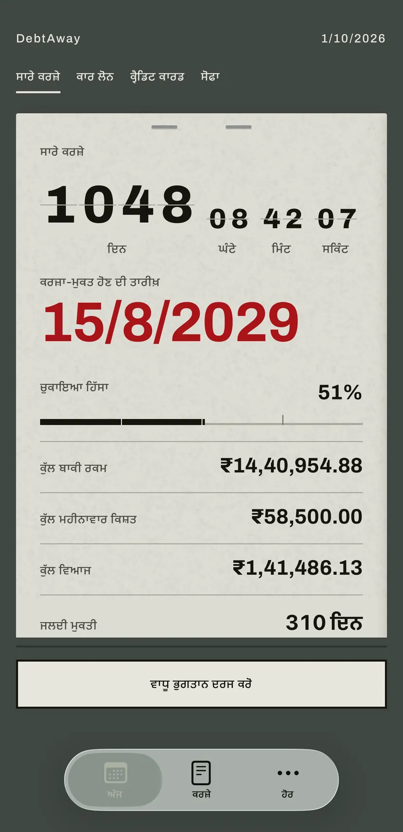 ਐਪ ਦੀ ਹੋਮ ਸਕ੍ਰੀਨ: ਫ਼ਲਿੱਪ ਬੋਰਡ ਕਰਜ਼ਾ-ਮੁਕਤ ਹੋਣ ਦੀ ਤਾਰੀਖ਼ ਤੱਕ ਦੇ ਦਿਨ ਲਾਲ ਰੰਗ ਵਿੱਚ ਗਿਣਦਾ ਹੈ, ਹੇਠਾਂ ਸਾਰੇ ਕਰਜ਼ਿਆਂ ਦੀ ਬਾਕੀ ਰਕਮ, ਮਹੀਨਾਵਾਰ ਕਿਸ਼ਤ ਅਤੇ ਵਿਆਜ।