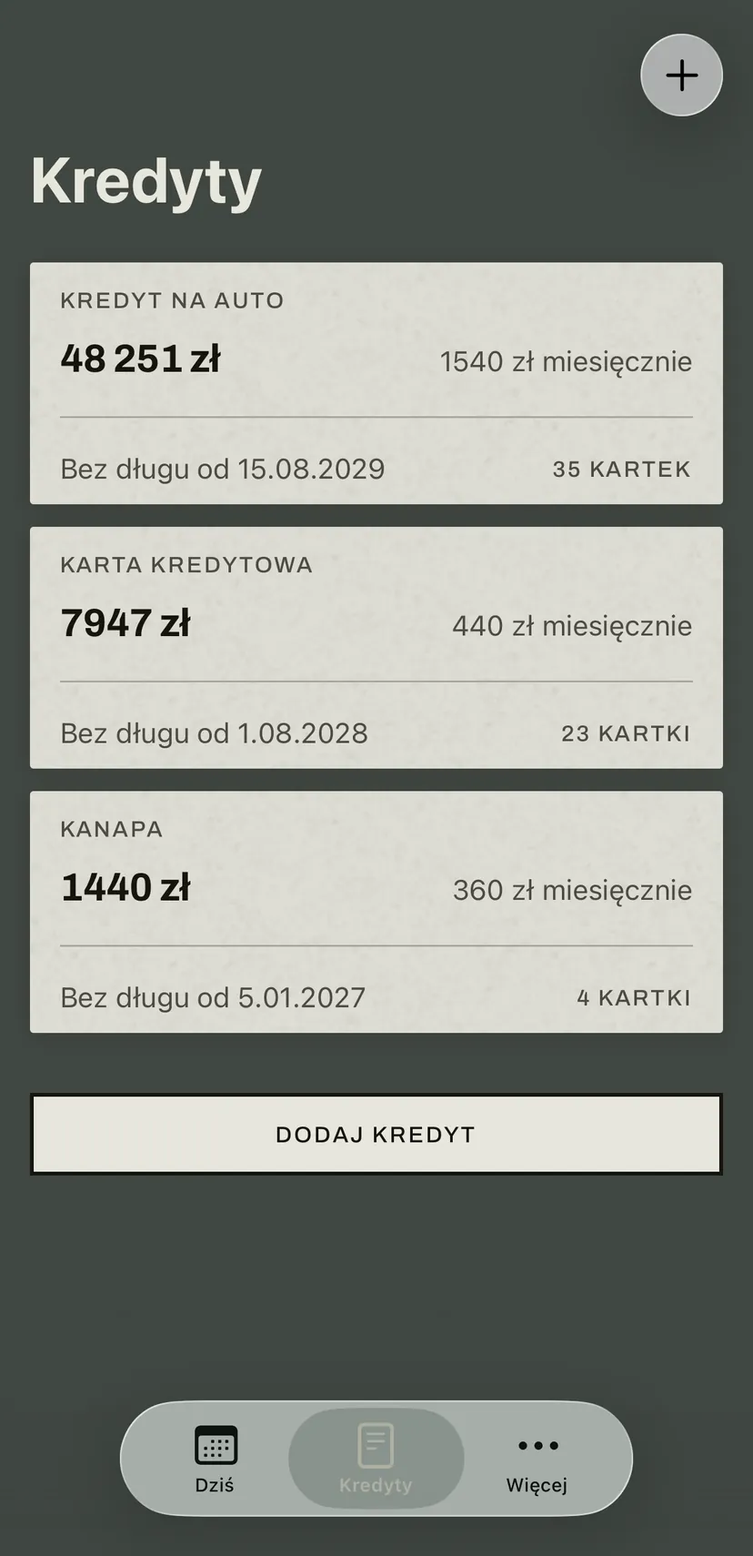 Lista kredytów: kredyt na auto, karta kredytowa i zakup na raty, każdy z kwotą do spłaty, ratą miesięczną, datą i kartkami, które zostały w bloczku.