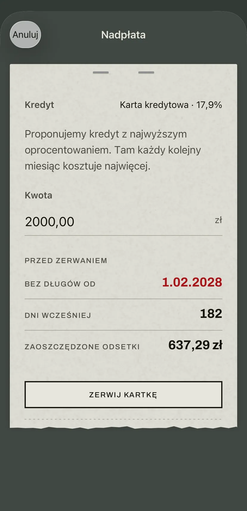 Nadpłata w aplikacji: proponowana jest karta kredytowa z najwyższym oprocentowaniem, a pod nią nowa data, od której jesteś bez długów, zyskane dni i zaoszczędzone odsetki.