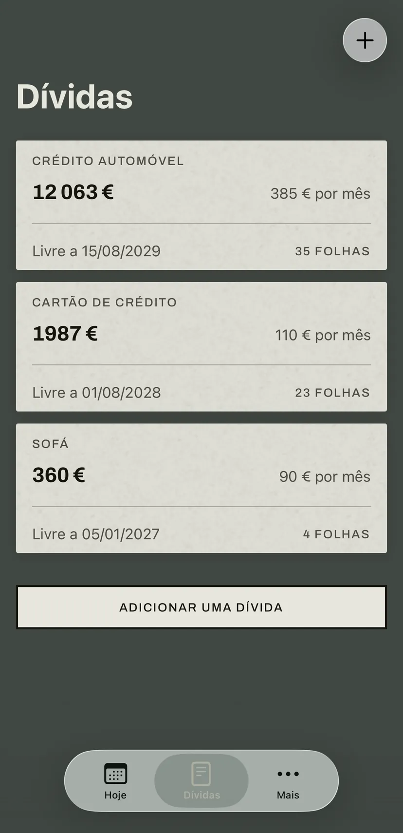 A lista de dívidas: um crédito automóvel, um cartão de crédito e uma compra a prestações, cada um com o valor em dívida, a prestação mensal, a data e as folhas que restam no bloco.