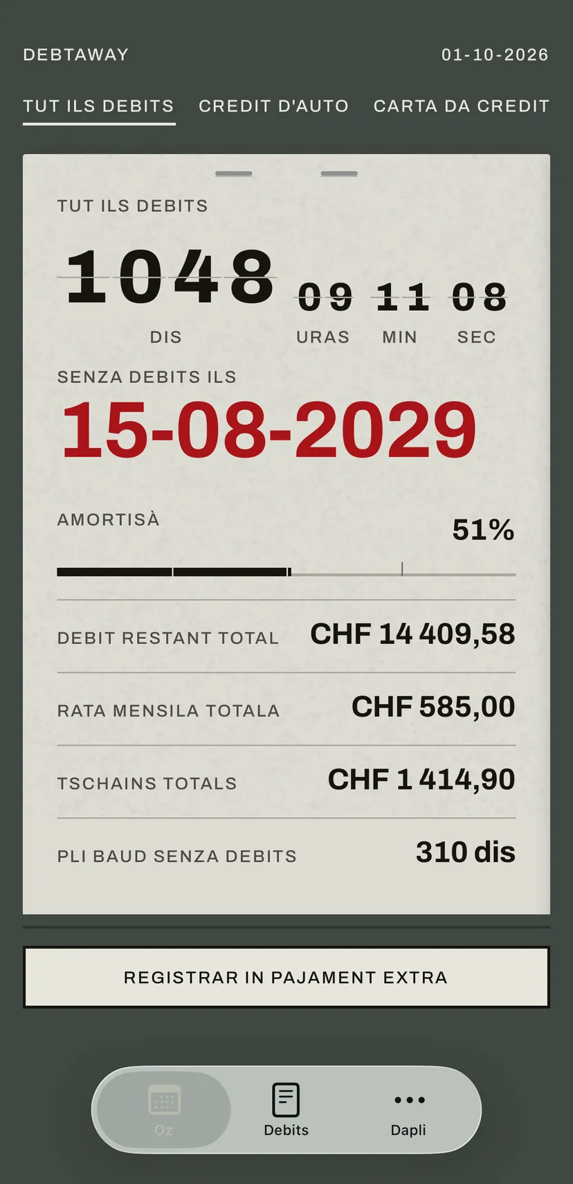Il visur principal da l'app: la tavla cun clappas dumbra enavos en cotschen ils dis fin a la data senza debits, sutvart il debit restant, la rata mensila ed ils tschains da tut ils debits.