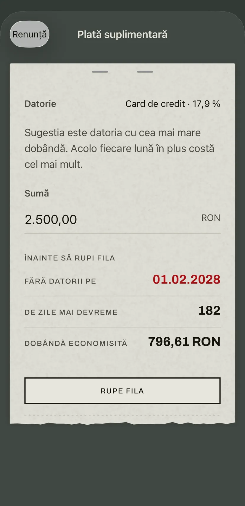 Plata suplimentară în aplicație: e sugerat cardul de credit cu cea mai mare dobândă, iar dedesubt noua dată la care scapi de datorii, zilele câștigate și dobânda economisită.