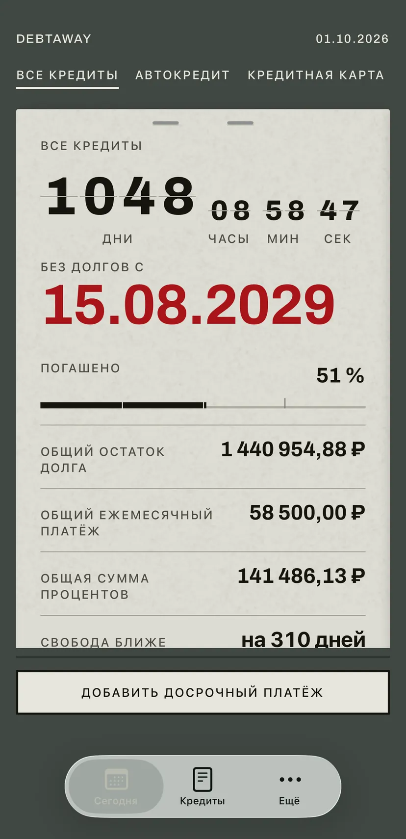 Главный экран приложения: перекидное табло красным отсчитывает дни до даты, с которой вы без долгов, ниже остаток долга, ежемесячный платёж и проценты по всем кредитам.