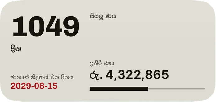 මධ්‍යම විජට්: ණයෙන් නිදහස් වන දිනය දක්වා දින ගණන, රතු පාටින් දිනය, සියලු ණයවල ඉතිරි ණය සහ ගෙවූ කොටස පෙන්වන තීරුවක්.