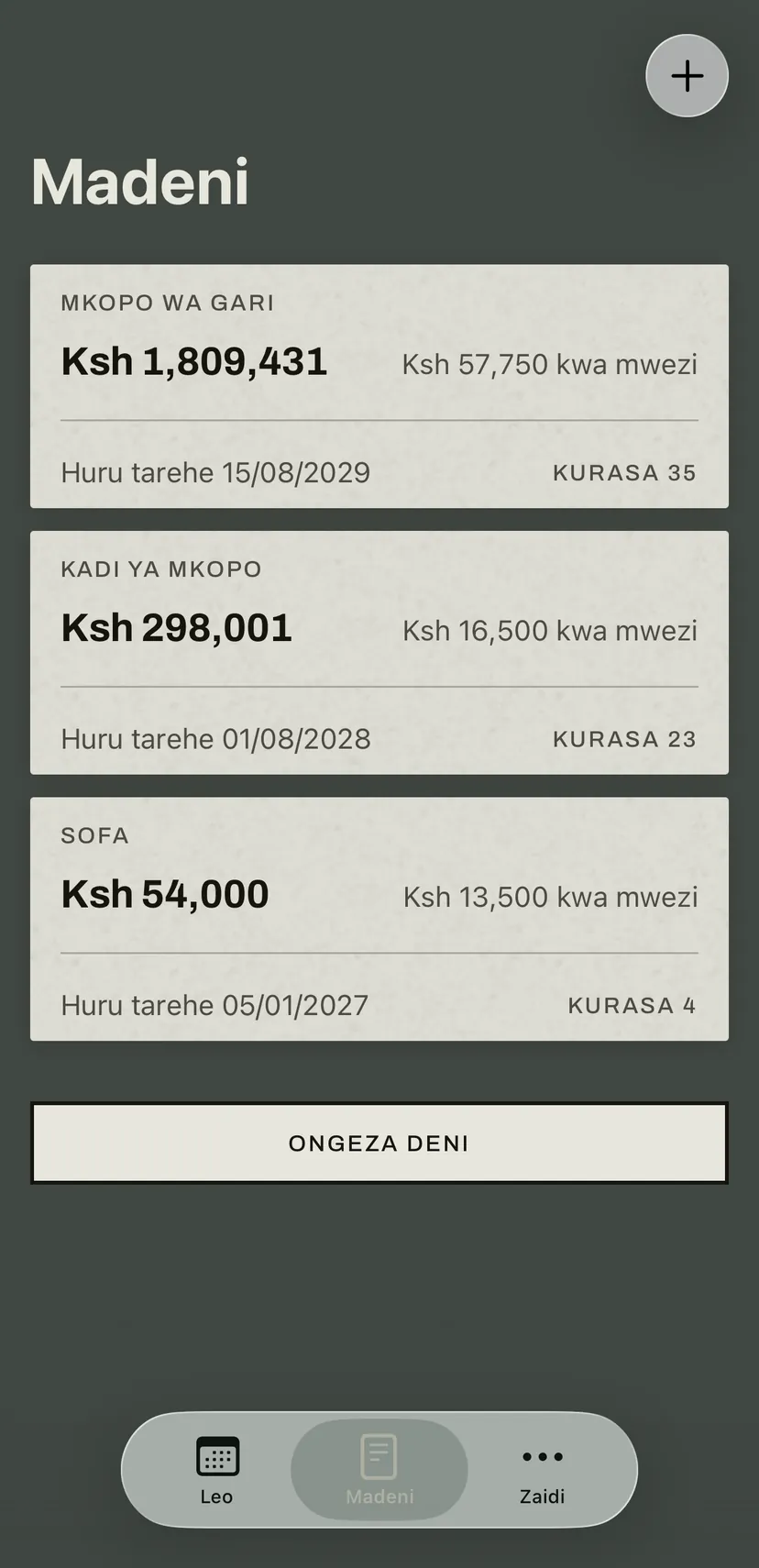 Orodha ya madeni: mkopo wa gari, kadi ya mkopo na ununuzi kwa awamu, kila kimoja na salio, malipo ya kila mwezi, tarehe na kurasa zilizobaki kwenye kalenda.