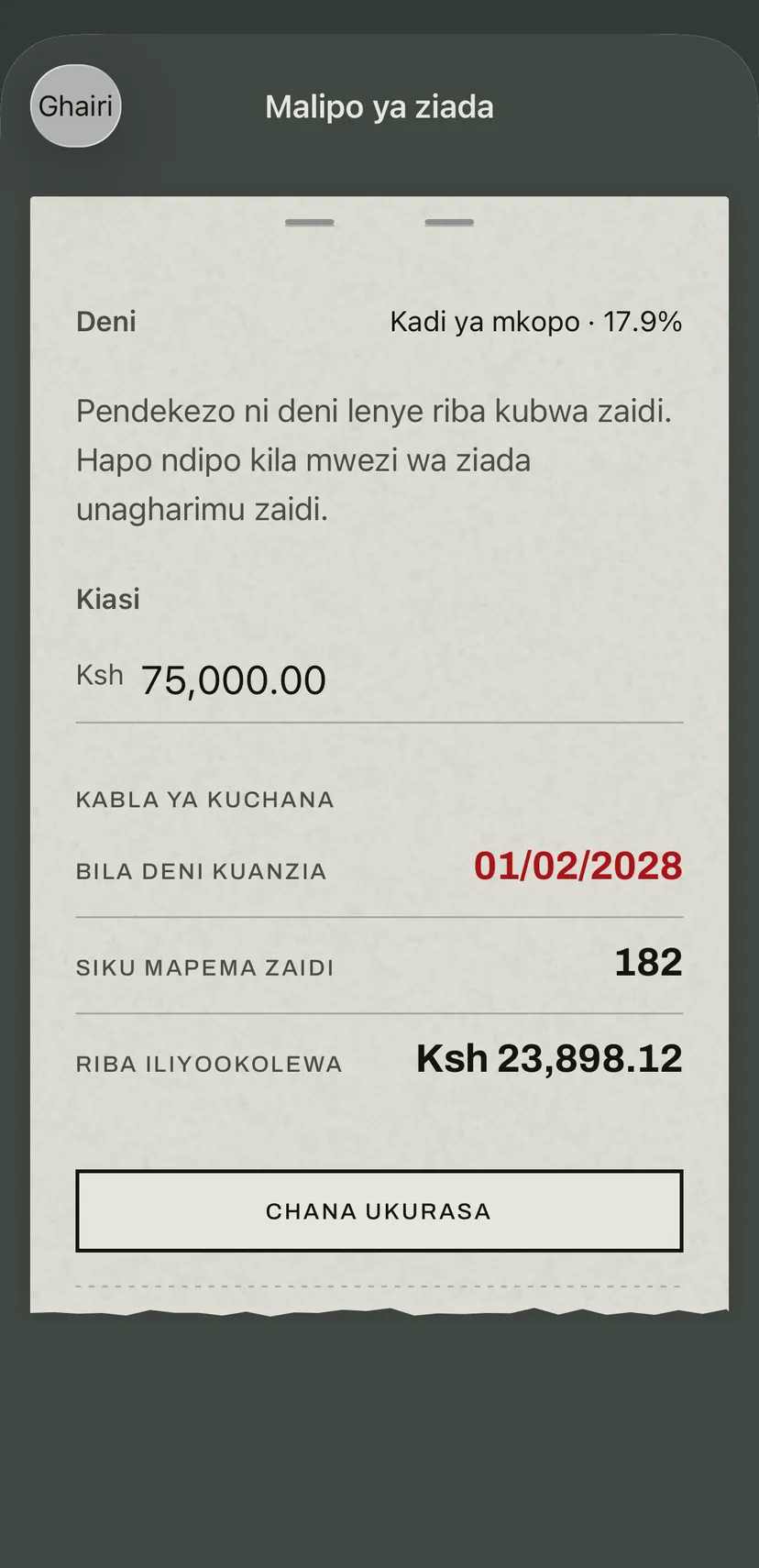 Malipo ya ziada kwenye programu: kadi ya mkopo yenye kiwango cha juu zaidi cha riba imependekezwa, na chini yake tarehe mpya ya kuwa bila deni, siku zilizopatikana na riba iliyookolewa.