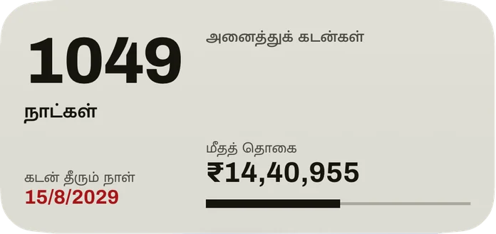 நடுத்தர விட்ஜெட்: கடன் தீரும் நாள் வரையிலான நாட்கள், சிவப்பில் தேதி, அனைத்துக் கடன்களின் மீதத் தொகை, அடைக்கப்பட்ட பங்குக்கு ஒரு பட்டை.