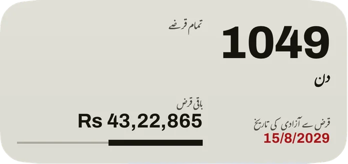 درمیانہ ویجٹ: قرض سے آزادی کی تاریخ تک کے دن، سرخ رنگ میں تاریخ، تمام قرضوں کا باقی قرض اور ادا شدہ حصے کی پٹی۔