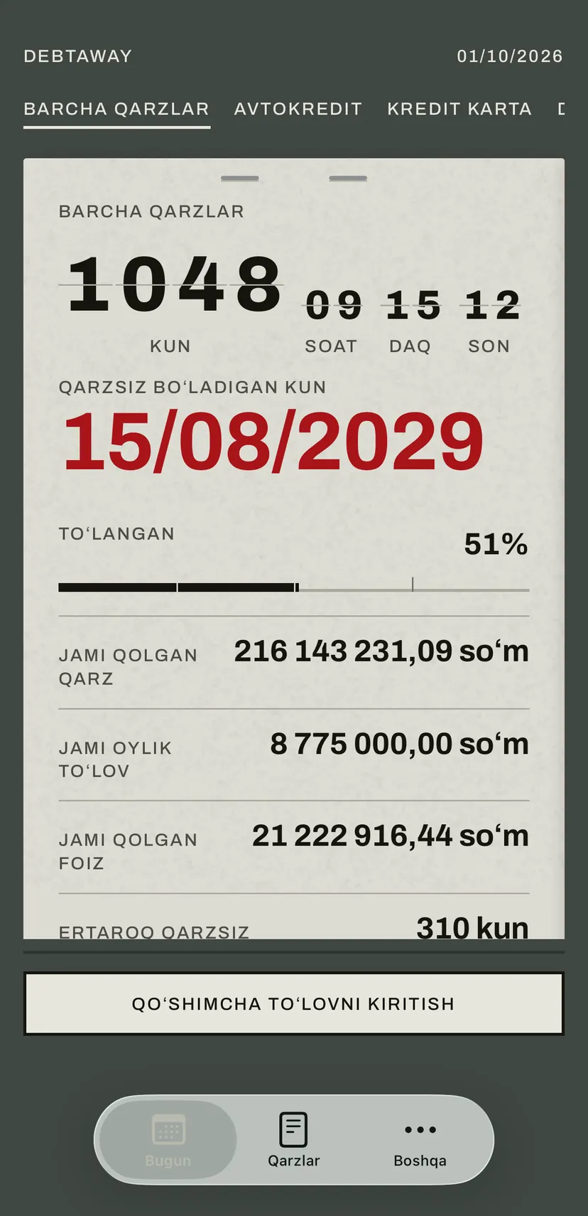 Ilovaning bosh ekrani: varaqlanuvchi tablo qarzsiz boʻladigan sanagacha qolgan kunlarni qizil rangda sanaydi, pastda barcha qarzlarning qolgan qarzi, oylik toʻlovi va foizi.