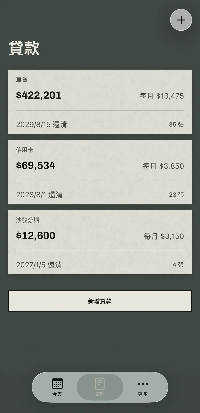 貸款清單:車貸、信用卡和一筆分期購物,每筆都顯示剩餘本金、月付金、還清日期,以及日曆上剩下的張數。