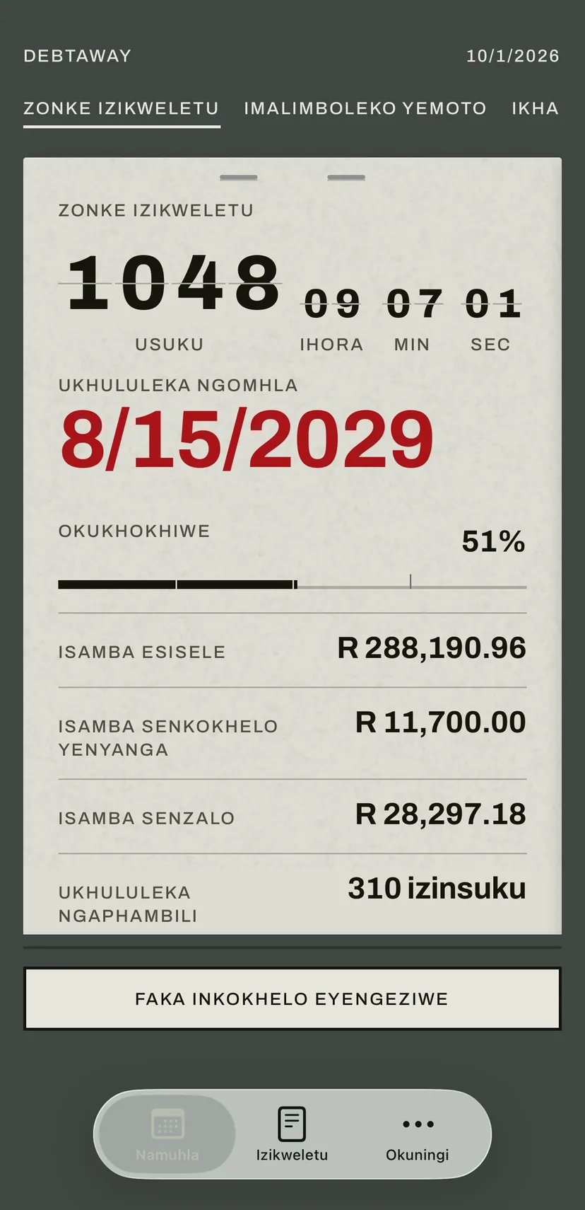 Isikrini sasekhaya se-app: ibhodi lamakhasi aphenyekayo libala ngokubomvu izinsuku ezisele kuze kube usuku lokukhululeka, ngezansi kwalo ibhalansi, inkokhelo yenyanga nenzalo yazo zonke izikweletu.